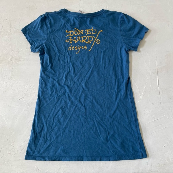 Ed Hardy Skull Rose Blue Tee Rhinestone by Christian Audigier Size M - Picture 11 of 11